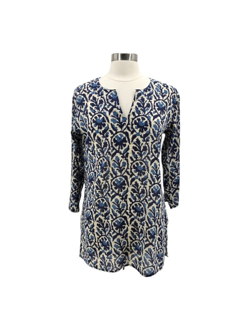 Dolma Womens Medium Top Tunic Floral Blue Beige V-Neck 3/4 Sleeve Cotton Boho